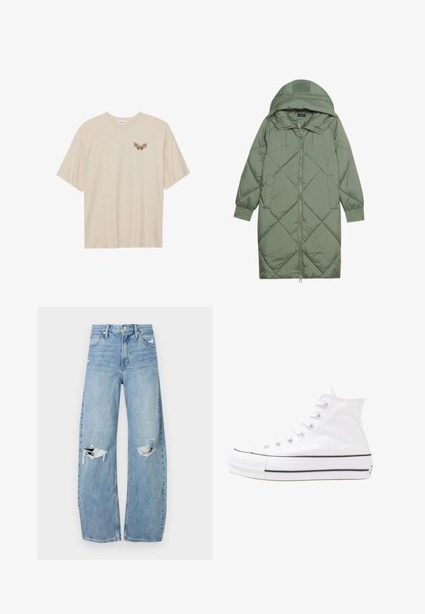 Quiltet lang grøn pufferjakke med hætte, med frontlynlås og to sidelommer. Teksturret diamantmønster over det hele.; Beige bomulds t-shirt med korte ærmer, der har et lille brunt grafisk motiv af vinger og teksten "SLEEPY CLUB" på brystet.; Lysblå, højtraljede jeans lavet af denim. Har brede ben, to huller ved knæene og klassisk fem-lommes stil.; Hvide høje kanvas sneakers med sort gummisål, gummitåhætte foran og seks øjehuller til snørebånd, der har et rent, minimalistisk design.