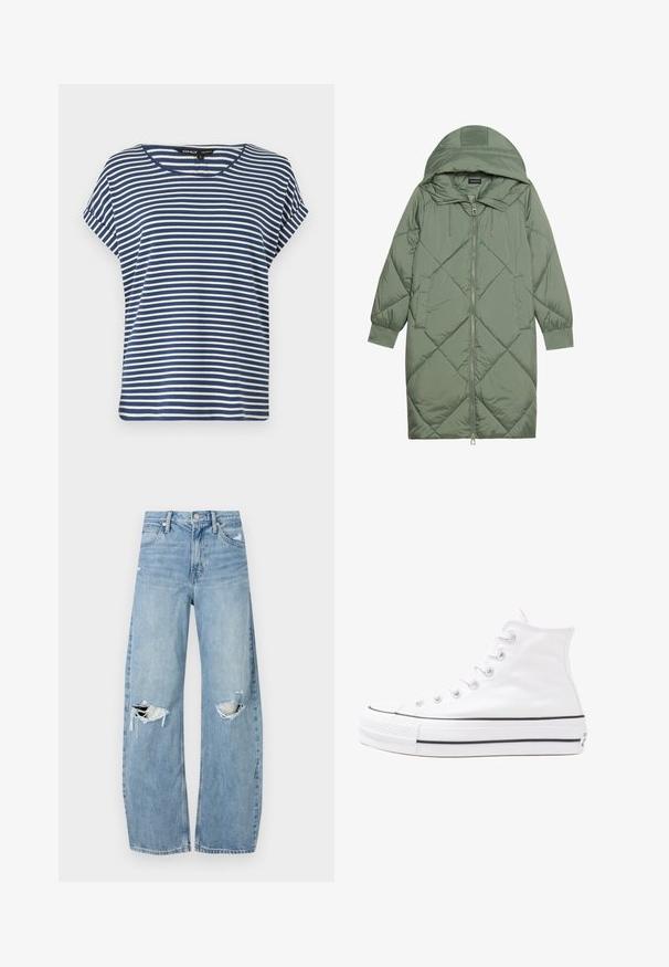 Quiltet lang grøn pufferjakke med hætte, med frontlynlås og to sidelommer. Teksturret diamantmønster over det hele.; Blå- og hvidstribet kortærmet top med rund halsudskæring, lavet af blødt stof, med en afslappet pasform og lette sidesplidser i kanten.; Lysblå, højtraljede jeans lavet af denim. Har brede ben, to huller ved knæene og klassisk fem-lommes stil.; Hvide høje kanvas sneakers med sort gummisål, gummitåhætte foran og seks øjehuller til snørebånd, der har et rent, minimalistisk design.