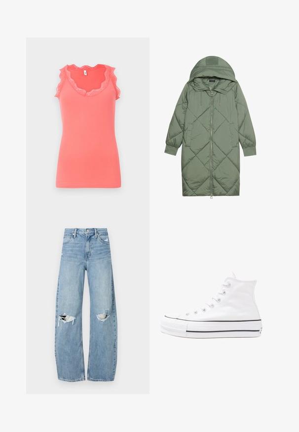 Quiltana duga zelena puffer jakna s kapuljačom, s prednjim zatvaračem i dva bočna džepa. Teksturni dijamantni uzorak kroz cijelu jaknu.; Korala rebrasti top s čipkastim rubom duž dekoltea i ispod ruku, s valovitim dizajnom i uskim krojem.; Svijetloplave, visoko-strukirane traperice. Imaju široke nogavice, dva razderana područja na koljenima i klasičan stil s pet džepova.; Bijela visoka platnena tenisica s crnom gumenom potplatom, prednjim gumenim zaštitnikom prstiju i šest rupa za vezanje, s čistim, minimalističkim dizajnom.
