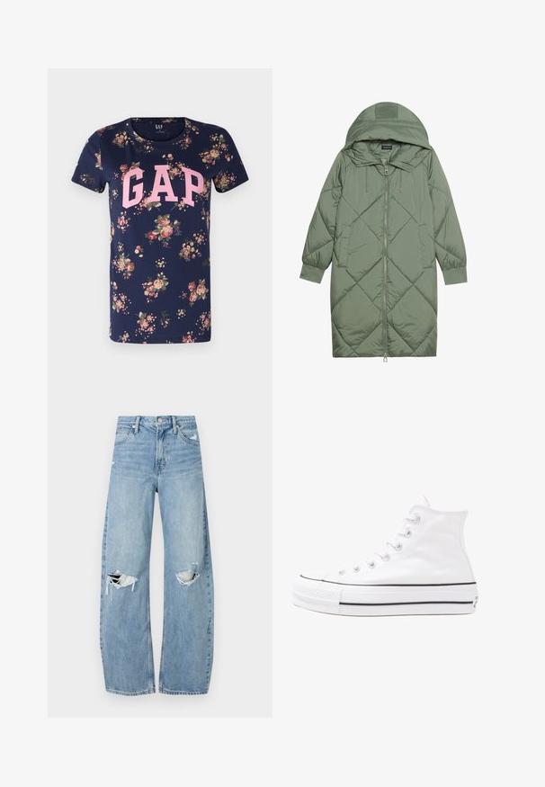 Prošívaný dlouhý zelený péřový kabát s kapucí, který má přední zip a dvě boční kapsy. Po celém povrchu je texturovaný diamantový vzor.; GAP TEE - Triko s potiskem - navy floral; Světle modré džíny s vysokým pasem vyrobené z denimu. Mají široké nohavice, dvě roztržené oblasti na kolenou a klasický pětikapsový střih.; Bílé vysoké plátěné tenisky s černou gumovou podrážkou, přední gumovou špičkou a šesti očky na tkaničky, se čistým, minimalistickým designem.