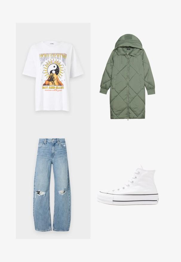 Quiltuotas ilgas žalias pūkinis paltas su kapuce, turintis priekinį užtrauktuką ir dvi šonines kišenes. Visame paviršiuje yra tekstūrinis rombų raštas.; Balta medvilninė marškinėlių su grafiniu atvaizdu, kuriame pavaizduoti saulė ir kalnai, su užrašais "MALONAUS KIEKVIENO DIENOS" ir "DIENA IR NAKTIS" ryškiomis, spalvingomis raidėmis.; Šviesiai mėlynos, aukštu juosmeniu džinsai pagaminti iš džinsinio audinio. Turi plačias kojų kelnes, dvi suplėšytas kelio vietas ir klasikinį penkių kišenių dizainą.; Balti aukštakulniai drobės sportbačiai su juodu guminio pado, priekinio guminio piršto dangteliu ir šešiais akytėmis raištams, pasižymintys švariu, minimalistiniu dizainu.