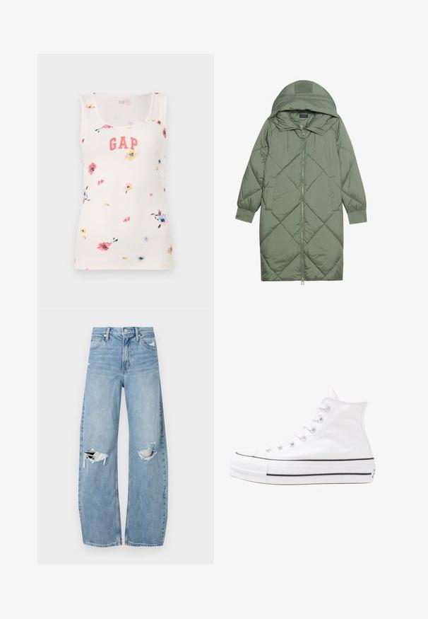Puchowy, długi, zielony płaszcz z kapturem, z zamkiem błyskawicznym z przodu i dwoma bocznymi kieszeniami. Całość pokryta fakturowanym wzorem diamentowym.; Biały prążkowany top na ramiączkach z wielokolorowym kwiatowym wzorem i koralową logo "GAP" z przodu. Posiada okrągły dekolt i bezrękawnikowy fason.; Jasnoniebieskie, wysokiej talii dżinsy wykonane z denimu. Posiadają szerokie nogawki, dwa podarte miejsca na kolanach oraz klasyczne pięć kieszeni.; Białe wysokie trampki z płótna z czarną gumową podeszwą, przednim czubkiem z gumy i sześcioma dziurkami na sznurowadła, charakteryzujące się prostym, minimalistycznym designem.