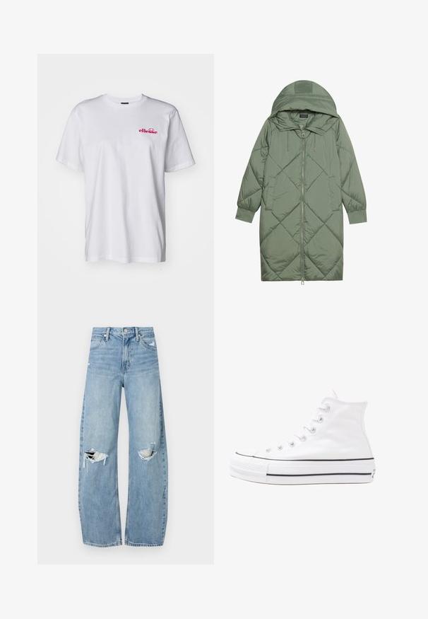 Casaco puffer longo verde acolchoado com capuz, apresentando um fecho frontal com zíper e dois bolsos laterais. Padrão texturizado em forma de diamante por todo o casaco.; T-shirt branca de algodão com mangas curtas, gola redonda e um logótipo bordado em rosa no lado esquerdo do peito. Textura leve e suave.; Jeans de lavagem clara, de cintura alta, feitos de denim. Apresentam pernas largas, duas áreas rasgadas nos joelhos e o estilo clássico de cinco bolsos.; Sapatilha alta de tela branca com sola de borracha preta, bico de borracha na frente e seis ilhós para os atacadores, apresentando um design limpo e minimalista.