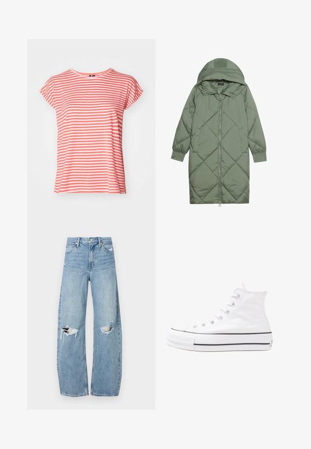 Quiltuotas ilgas žalias pūkinis paltas su kapuce, turintis priekinį užtrauktuką ir dvi šonines kišenes. Visame paviršiuje yra tekstūrinis rombų raštas.; Dryžuota marškinėliai koralų ir baltos spalvos, trumpomis rankovėmis, minkšta medžiaga, apvalus kaklas, laisvas kirpimas, su tolygiai išdėstytais horizontaliais dryžiais.; Šviesiai mėlynos, aukštu juosmeniu džinsai pagaminti iš džinsinio audinio. Turi plačias kojų kelnes, dvi suplėšytas kelio vietas ir klasikinį penkių kišenių dizainą.; Balti aukštakulniai drobės sportbačiai su juodu guminio pado, priekinio guminio piršto dangteliu ir šešiais akytėmis raištams, pasižymintys švariu, minimalistiniu dizainu.