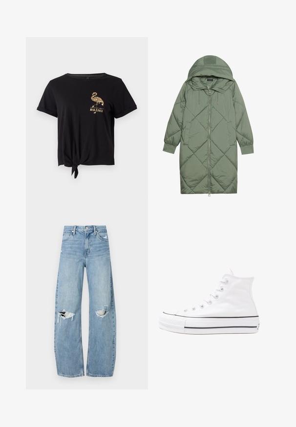 Pistetud pikk roheline puffermantel kapuutsiga, esiküljel tõmblukuga ja kahe küljetaskuga. Kogu pinnal on struktureeritud rombikujundus.; Must musta pehmeast puuvillast, lühikeste varrukatega, sõlme esiosaga t-särk, millel on kuldne flamingo graafika ja tekst "Elu on kõik tasakaalu kohta".; Heledad hallideega sinised teksad, millel on kõrge talje. Teksade jalgadel on lai alus, kaks rebitud kohta põlvede ümber ning klassikaline viie tasku stiil.; Valge kõrgem kangast tenniseking, millel on must kummist tald, ees kummist varvasetugi ja kuus aukku paelte jaoks, pakkudes puhta ja minimalistliku disaini.