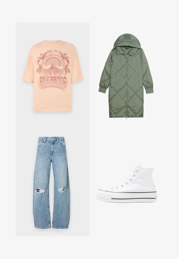 Quiltet lang grøn pufferjakke med hætte, med frontlynlås og to sidelommer. Teksturret diamantmønster over det hele.; Lys ferskenfarvet t-shirt med korte ærmer, der har et rødt grafisk design af palmer og sol med "BILLABONG" tekst, trykt på blødt bomuldsstof.; Lysblå, højtraljede jeans lavet af denim. Har brede ben, to huller ved knæene og klassisk fem-lommes stil.; Hvide høje kanvas sneakers med sort gummisål, gummitåhætte foran og seks øjehuller til snørebånd, der har et rent, minimalistisk design.