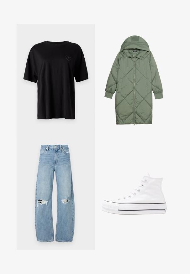 Prošívaný dlouhý zelený péřový kabát s kapucí, který má přední zip a dvě boční kapsy. Po celém povrchu je texturovaný diamantový vzor.; Černé bavlněné tričko s krátkým rukávem, volný střih, kulatý výstřih, s jemně vyšitým designem srdce na levé části hrudi.; Světle modré džíny s vysokým pasem vyrobené z denimu. Mají široké nohavice, dvě roztržené oblasti na kolenou a klasický pětikapsový střih.; Bílé vysoké plátěné tenisky s černou gumovou podrážkou, přední gumovou špičkou a šesti očky na tkaničky, se čistým, minimalistickým designem.