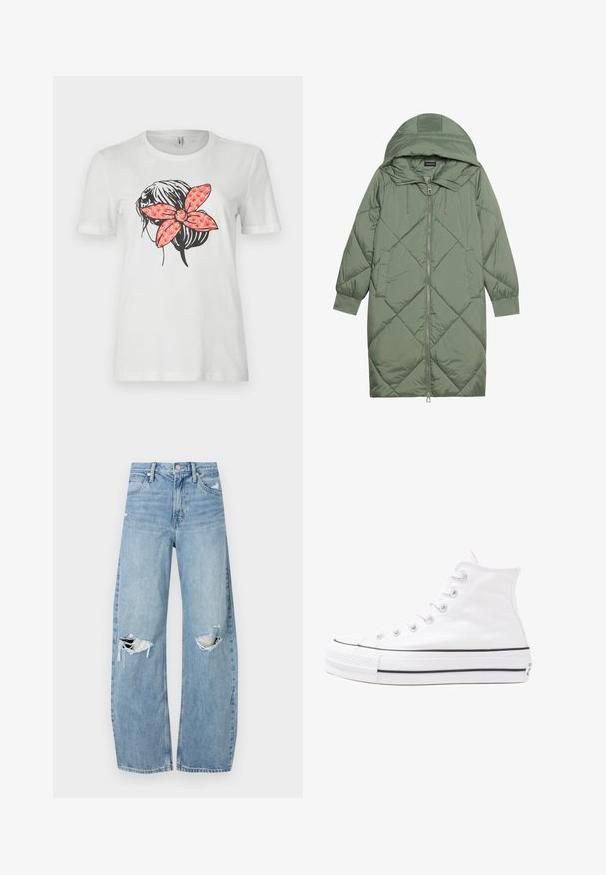 Zelený prešívaný páperový kabát s kapucňou, so zipsovým uzáverom vpredu a dvoma bočnými vreckami. Po celom povrchu je textúrovaný diamantový vzor.; Biela tričko s čiernym obrysom účesu a veľkou červenou vzorovanou mašľou na zadnej strane. Krátke rukávy a okrúhly výstrih.; Svetlomodré, vysoké džínsy vyrobené z denimu. Majú široké nohavice, dve roztrhnuté kolená a klasický päťvreckový strih.; Biele vysoké plátené tenisky s čiernou gumovou podošvou, prednou gumovou špičkou a šiestimi okami na šnúrky, s čistým, minimalistickým dizajnom.