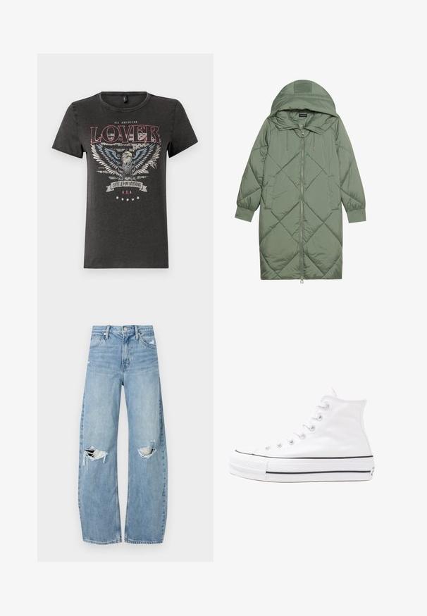 Vihreä vuorattu pitkänmallinen puhvitakki, jossa on huppu, etuvetoketju ja kaksi sivutaskua. Koko takin pinta on teksturoidussa timanttikuviossa.; Harmaa puuvillapaita, jossa on kotka-graphic sinisillä siivillä, punainen teksti "ALL AMERICAN LOVER" ja banneri, jossa lukee "SETTLE FOR NOTHING."; Vaaleansiniset, korkeavyötäröiset farkut, jotka on valmistettu denimmateriaalista. Ominaisuuksiin kuuluvat leveät lahkeet, kaksi revittyä polvialuetta ja klassinen viiden taskun tyyli.; Valkoiset korkeavartiset kangaskengät mustalla kumipohjalla, edessä kuminen varvasosa ja kuusi nauha-aukkoa, puhtaan minimalistisella muotoilulla.