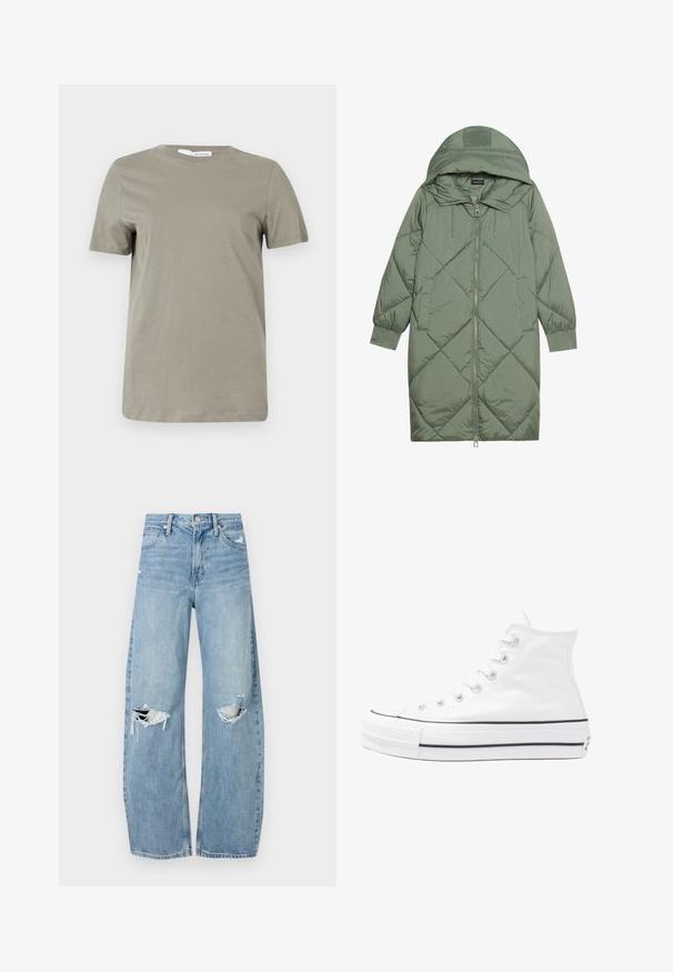 Puchowy, długi, zielony płaszcz z kapturem, z zamkiem błyskawicznym z przodu i dwoma bocznymi kieszeniami. Całość pokryta fakturowanym wzorem diamentowym.; Khaki t-shirt z krótkim rękawem, wykonany z miękkiego materiału. Okrągły dekolt, prosty dół. Minimalistyczny design bez widocznych wzorów czy akcentów.; Jasnoniebieskie, wysokiej talii dżinsy wykonane z denimu. Posiadają szerokie nogawki, dwa podarte miejsca na kolanach oraz klasyczne pięć kieszeni.; Białe wysokie trampki z płótna z czarną gumową podeszwą, przednim czubkiem z gumy i sześcioma dziurkami na sznurowadła, charakteryzujące się prostym, minimalistycznym designem.