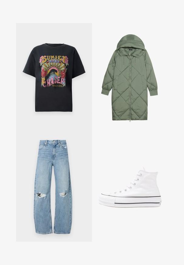 Quiltuotas ilgas žalias pūkinis paltas su kapuce, turintis priekinį užtrauktuką ir dvi šonines kišenes. Visame paviršiuje yra tekstūrinis rombų raštas.; Juodas medvilninis marškinėlis su spalvinga grafiką, vaizduojančia gėles, saulės spindulius ir tekstą "SAULĖLYDŽIO ROXY PAKLAUSIMAS Nuo 1990".; Šviesiai mėlynos, aukštu juosmeniu džinsai pagaminti iš džinsinio audinio. Turi plačias kojų kelnes, dvi suplėšytas kelio vietas ir klasikinį penkių kišenių dizainą.; Balti aukštakulniai drobės sportbačiai su juodu guminio pado, priekinio guminio piršto dangteliu ir šešiais akytėmis raištams, pasižymintys švariu, minimalistiniu dizainu.