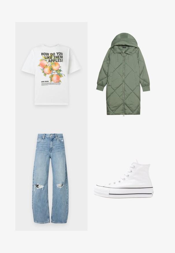 Prošívaný dlouhý zelený péřový kabát s kapucí, který má přední zip a dvě boční kapsy. Po celém povrchu je texturovaný diamantový vzor.; Bílý bavlněný t-shirt s barevnou ilustrací jablka a výrazným textem "JAK SE TI TY JABKA LÍBÍ!" a "JÁDRO ZÁHRADY."; Světle modré džíny s vysokým pasem vyrobené z denimu. Mají široké nohavice, dvě roztržené oblasti na kolenou a klasický pětikapsový střih.; Bílé vysoké plátěné tenisky s černou gumovou podrážkou, přední gumovou špičkou a šesti očky na tkaničky, se čistým, minimalistickým designem.