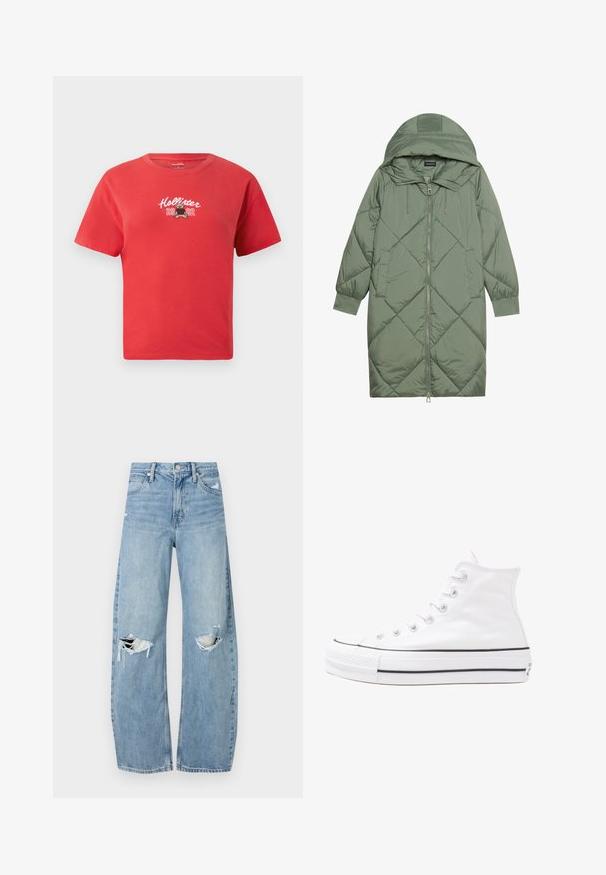 Vihreä vuorattu pitkänmallinen puhvitakki, jossa on huppu, etuvetoketju ja kaksi sivutaskua. Koko takin pinta on teksturoidussa timanttikuviossa.; Punainen puuvillapaita, jossa on pyöreä kaulus, ja jossa on valkoiset brodeeratut "Hollister"-tekstit sekä karhukuva, jonka alla lukee "2002".; Vaaleansiniset, korkeavyötäröiset farkut, jotka on valmistettu denimmateriaalista. Ominaisuuksiin kuuluvat leveät lahkeet, kaksi revittyä polvialuetta ja klassinen viiden taskun tyyli.; Valkoiset korkeavartiset kangaskengät mustalla kumipohjalla, edessä kuminen varvasosa ja kuusi nauha-aukkoa, puhtaan minimalistisella muotoilulla.