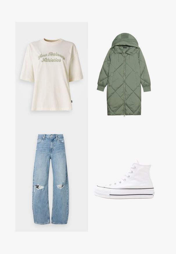 Quiltet lang grønn pufferjakke med hette, med en frontglidelås og to sidelommer. Teksturerte diamantmønster overalt.; Kremfarget bomull T-skjorte med korte ermer, med en buet grønn tekstgrafikk som leser "New Balance Athletics."; Lyseblå høytlivsjeans laget av denim. Har vide bein, to revne knær og klassisk fem-lommers design.; Hvit høy-skinn kanvas sneakers med svart gummisåle, gummitåhette foran og seks hull for snorer, med et rent, minimalistisk design.