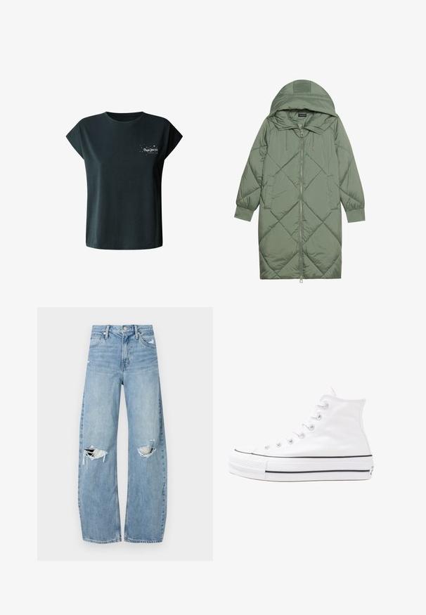 Quiltet lang grøn pufferjakke med hætte, med frontlynlås og to sidelommer. Teksturret diamantmønster over det hele.; Mørkegrøn kortærmet t-shirt lavet af bomuld med hvidt print af "Pepe Jeans London" og stjerne motiver på venstre brystområde.; Lysblå, højtraljede jeans lavet af denim. Har brede ben, to huller ved knæene og klassisk fem-lommes stil.; Hvide høje kanvas sneakers med sort gummisål, gummitåhætte foran og seks øjehuller til snørebånd, der har et rent, minimalistisk design.