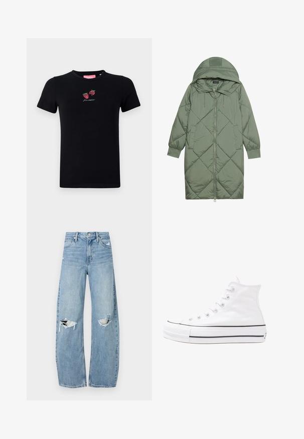 Quiltet lang grøn pufferjakke med hætte, med frontlynlås og to sidelommer. Teksturret diamantmønster over det hele.; Sort bomulds T-shirt med korte ærmer, rund hals og broderede jordbær med teksten "Lad os slappe af" i hvid.; Lysblå, højtraljede jeans lavet af denim. Har brede ben, to huller ved knæene og klassisk fem-lommes stil.; Hvide høje kanvas sneakers med sort gummisål, gummitåhætte foran og seks øjehuller til snørebånd, der har et rent, minimalistisk design.