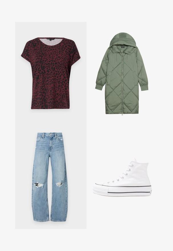 Quilted long green puffer coat with a hood, featuring a front zipper closure and two side pockets. Textured diamond pattern throughout.; Burgundy t-shirt with black leopard print, round neckline, short sleeves, relaxed fit, soft fabric texture, minimal stitching details.; Light blue, high-waisted jeans made of denim. Feature wide legs, two torn knee areas, and classic five-pocket styling.; White high-top canvas sneaker with black rubber sole, front rubber toe cap, and six eyelets for laces, featuring a clean, minimalist design.