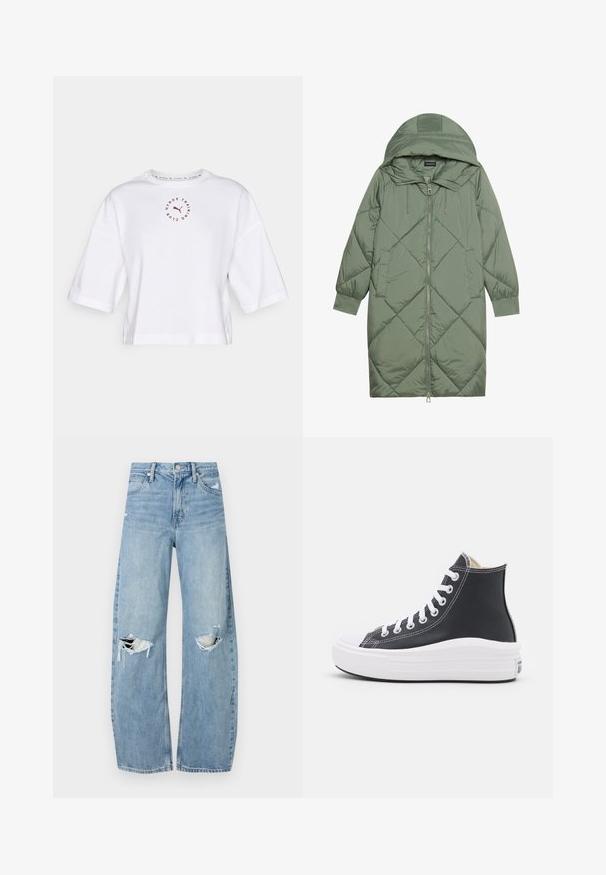 Vadderad lång grön pufferjacka med huva, med en framsidan dragkedjestängning och två sidofickor. Strukturerad diamantmönster över hela plagget.; Vit kortärmad t-shirt i bomull med vida korta ärmar och rund halsringning. Centrerad maroonfärgad logotekst som säger "HYROX TRAINING CLUB."; Ljusblå, högmidjade jeans i denim. Har vida ben, två slitna knäområden och klassisk femfickedesign.; Svart högsko med vita snören och gummisula. Har en slät läderstruktur och vita sömnadsdetaljer.