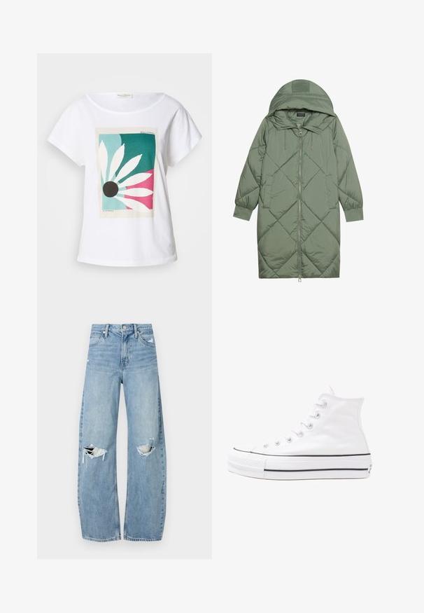 Quiltuotas ilgas žalias pūkinis paltas su kapuce, turintis priekinį užtrauktuką ir dvi šonines kišenes. Visame paviršiuje yra tekstūrinis rombų raštas.; Balta trumpaėdė marškinėliai su lapų grafika ir juodu apskritimu teal, rožinės ir kremo spalvų fone. Minkšta medvilninė medžiaga.; Šviesiai mėlynos, aukštu juosmeniu džinsai pagaminti iš džinsinio audinio. Turi plačias kojų kelnes, dvi suplėšytas kelio vietas ir klasikinį penkių kišenių dizainą.; Balti aukštakulniai drobės sportbačiai su juodu guminio pado, priekinio guminio piršto dangteliu ir šešiais akytėmis raištams, pasižymintys švariu, minimalistiniu dizainu.