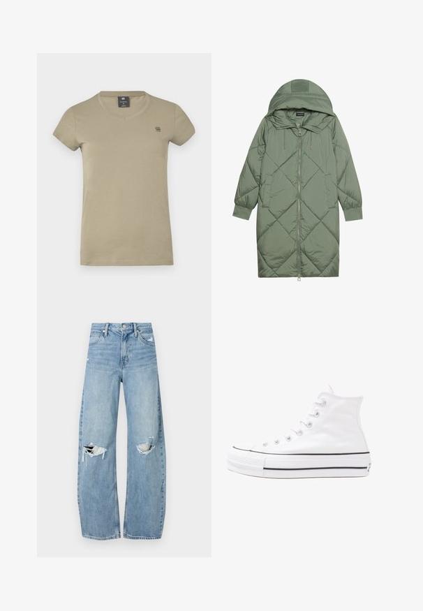 Prošívaný dlouhý zelený péřový kabát s kapucí, který má přední zip a dvě boční kapsy. Po celém povrchu je texturovaný diamantový vzor.; Khaki tričko s krátkým rukávem vyrobené z bavlny. Má límeček do V a malé logo na levé části hrudi. Hladká textura.; Světle modré džíny s vysokým pasem vyrobené z denimu. Mají široké nohavice, dvě roztržené oblasti na kolenou a klasický pětikapsový střih.; Bílé vysoké plátěné tenisky s černou gumovou podrážkou, přední gumovou špičkou a šesti očky na tkaničky, se čistým, minimalistickým designem.