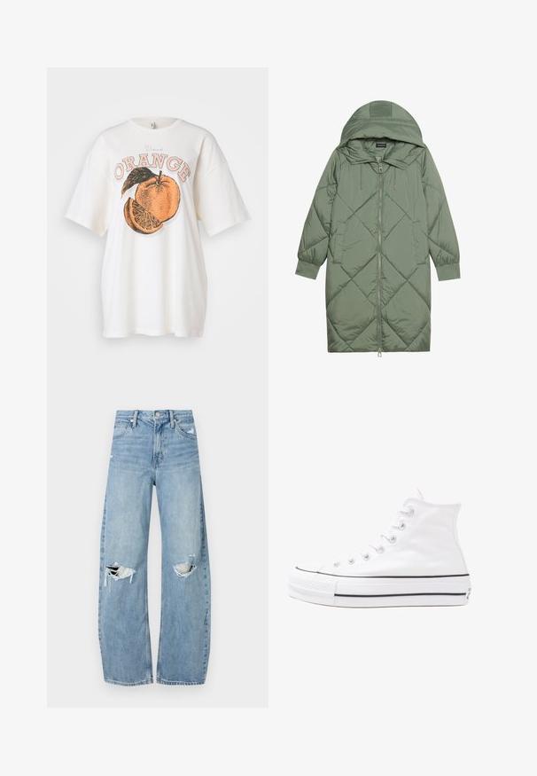 Zelený prešívaný páperový kabát s kapucňou, so zipsovým uzáverom vpredu a dvoma bočnými vreckami. Po celom povrchu je textúrovaný diamantový vzor.; Biela bavlnená tričká s veľkým oranžovým grafickým motívom obsahujúcim plátok a zelený list. Nápis "Vand ORANGE" v broskyňovej a čiernej farbe nad dizajnom.; Svetlomodré, vysoké džínsy vyrobené z denimu. Majú široké nohavice, dve roztrhnuté kolená a klasický päťvreckový strih.; Biele vysoké plátené tenisky s čiernou gumovou podošvou, prednou gumovou špičkou a šiestimi okami na šnúrky, s čistým, minimalistickým dizajnom.