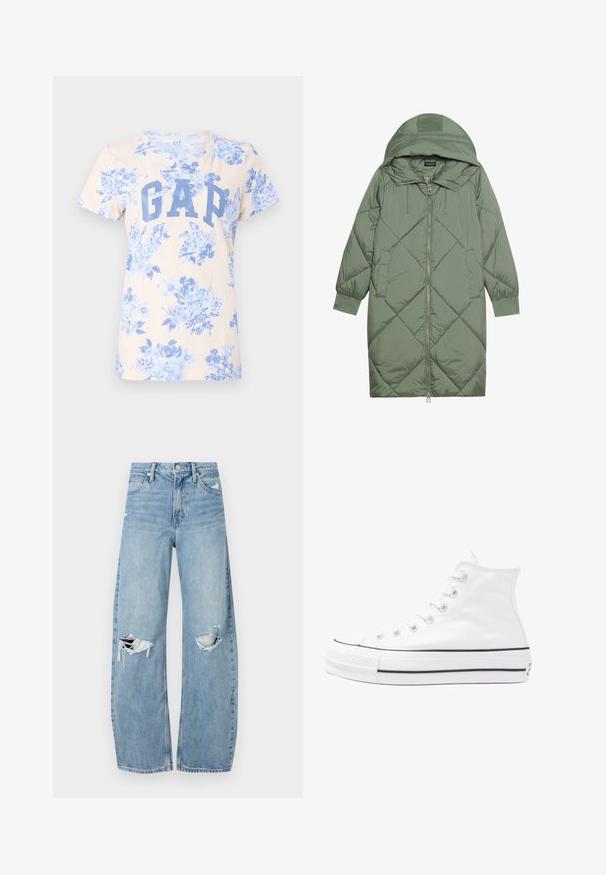 Quiltuotas ilgas žalias pūkinis paltas su kapuce, turintis priekinį užtrauktuką ir dvi šonines kišenes. Visame paviršiuje yra tekstūrinis rombų raštas.; Šviesiai smėlinės spalvos marškinėliai su mėlynu gėlių raštu ir dideliu mėlynu "GAP" logo priekyje. Trumpomis rankovėmis ir klasikinio apvalaus iškirpimo dizainu.; Šviesiai mėlynos, aukštu juosmeniu džinsai pagaminti iš džinsinio audinio. Turi plačias kojų kelnes, dvi suplėšytas kelio vietas ir klasikinį penkių kišenių dizainą.; Balti aukštakulniai drobės sportbačiai su juodu guminio pado, priekinio guminio piršto dangteliu ir šešiais akytėmis raištams, pasižymintys švariu, minimalistiniu dizainu.