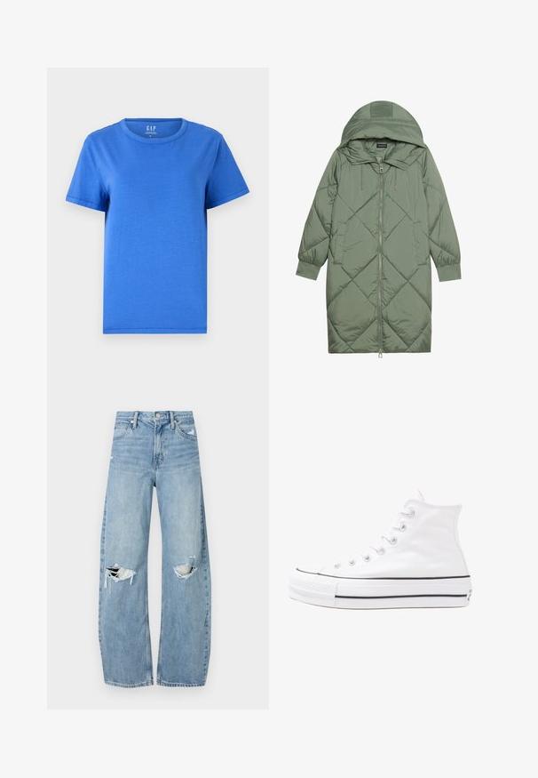 Izšūts garš zaļš pūšļa mētelis ar kapuci, ar priekšējo rāvējslēdzēju un divām sānu kabatām. Visā virsmā ir teksturēta dimanta raksts.; Vienkārša zila T-krekla arapa, izgatavota no kokvilnas, ar apaļu kakla izgriezumu, īsām piedurknēm un taisnu apakšmalu. Nav redzami raksti vai akcenti.; Gaiši zili, augstās vidukļa džinsi, kas izgatavoti no denima. Iespējas plašas kājas, divas plēstas ceļa daļas un klasiskā piecu kabatu dizains.; Balti augstie kanvas sporta apavi ar melnu gumijas zoli, priekšējo gumijas purngalu un sešām acīm lencēm, kuriem ir tīrs, minimālistisks dizains.