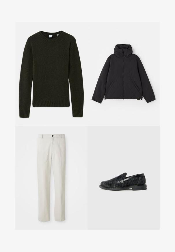 Mustat pehmeät tikatut takit, joissa on hupullinen, etuvetoketju, sivutaskut ja sileä pinta. Muotoilussa on aalto-tyyppisiä kuvioita.; Tummanvihreä neulepaita, jossa on pyöreä pääntie, ribbireunukset hihansuissa ja helmassa. Pehmeä rakenne, pitkät hihat ja yksinkertainen muotoilu ilman kuvioita.; Kangas beige suoraan lahkoinen, jossa on vyölenkit, etunappi dan zip-päällyste, esitetty tasaisesti valkoisella taustalla.; Musta kudottu liukupohjallinen kenka, jossa on sileä nahkakorostus päällisessä, pyöreä kärki ja matala kumipohja.