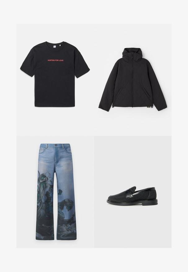 Melna, quiltota jaka ar kapuci, kas aprīkota ar priekšējo rāvējslēdzēju, sānu kabatām un gludu tekstūru. Dizainā ietilpst viļņveida raksti.; Melnas kokvilnas T-krekls ar īsām piedurknēm, ar sarkano tekstu "MEDĪBAS PĒC MĒRĶA", izšūtu uz krūtīm. Vienkārša un brīva piegriezuma.; Platas kāju džinsus izbalinātā zilā kokvilnā ar sarežģītu grafiku, kurā vienas kājas daļā ir detaļas melnā un tējas krāsā.; Melnas austas slaidu kurpes ar gludu ādas akcentu augšpusē, apaļas formas purngalu un zemas profila gumijas zoli.