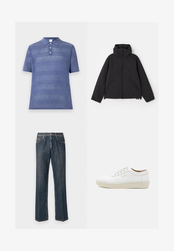 Fekete steppelt dzseki kapucnival, elülső cipzárral, oldalsó zsebekkel és sima felülettel. A dizájn hullámformájú mintázatokat tartalmaz.; Kék, rövid ujjú pólóing, nyitott kötésű anyagból készült. Galléros nyaka van, három gombbal és textúrázott csíkos mintázattal.; Sötétkék egyenes szárú farmernadrág elülső gombbal, cipzáros behúzással, dupla elülső zsebekkel és lábszárakon látható függőleges ráncokkal.; Fehér bőr sportcipő textúrázott felülettel, kerek orral, bézs gumitalppal és hat szürke fűzőlyukkal, melyen diszkrét logó található az oldalon.
