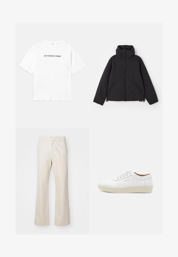 Melna, quiltota jaka ar kapuci, kas aprīkota ar priekšējo rāvējslēdzēju, sānu kabatām un gludu tekstūru. Dizainā ietilpst viļņveida raksti.; Balta kokvilnas T-kreklā ar īsām piedurknēm un apaļu kakla izgriezumu, uz kura priekšpuses un aizmugures melnajā krāsā ir uzdrukāts teksts "MANAS MĒRĶI".; Beige kokvilnas bikses ar taisnu kāju dizainu, kas aprīkotas ar priekšējo rāvējslēdzēju un pogu aizdari, gludu tekstūru un minimālistisku stilu.; Baltas ādas sporta apavu pāris ar teksturētu virsmu, apaļu purngalu, bēša gumijas zoli un sešām pelēkām šņorēšanas acīm, ar diskrētām zīmola atzīmēm sānos.