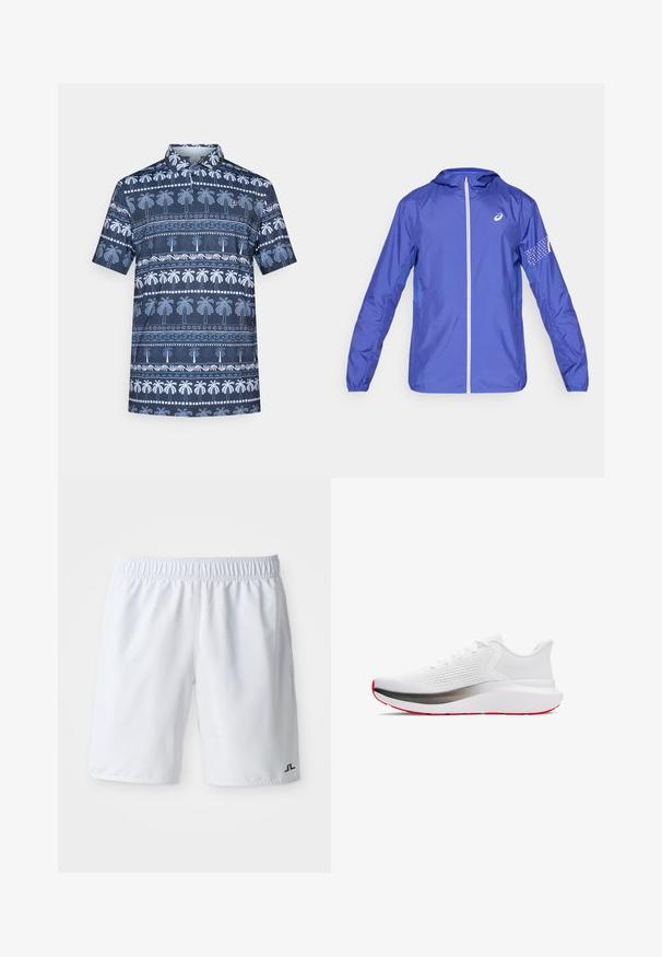 ASICS ICON JACKET - Tuulitakki - royal; Laivastonpoliopaita, jossa on valkoinen palmukuviolku, lyhyet hihat ja kaulus. Huomionarvoisia yksityiskohtia ovat koristeviivat ja -korostukset.; Valkoiset urheilushortsit, joissa on joustava vyötärö ja pieni musta logo oikeassa alalahkeessa. Sujuva, kevytrakenteinen kangas.; Urheiluhaalari, jossa on valkoinen verkko-osa, hopeinen välikenkä ja punainen ulkopohja. Varustettu pyöreillä nauhoilla ja pehmeällä kauluksella mukavuutta varten.