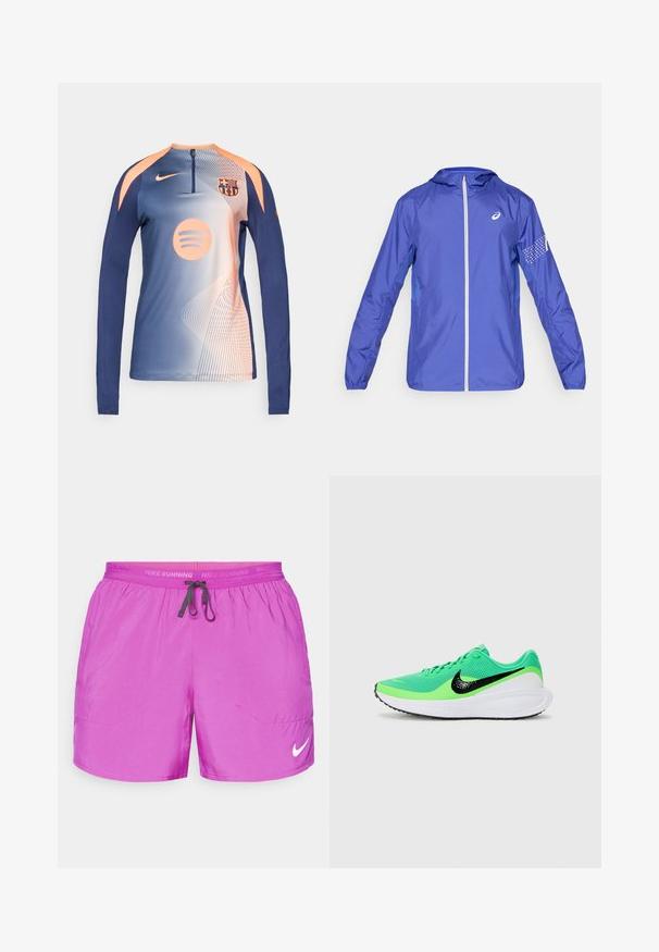 ASICS ICON JACKET - Větrovka - royal; Modrý a broskvový tréninkový top Nike s dlouhým rukávem, s erbem FC Barcelona a logem Spotify, zipovým límcem a abstraktním vzorem linií.; Běžecké šortky Nike v jasně růžové barvě, s elastickým pasem na šňůrku, dvěma bočními kapsami a bílým logem na dolním pravém boku.; Zelená sportovní obuv s vrchní částí z prodyšné síťoviny, s černým logem Nike, bílou mezisole a texturovanou gumovou podešví.