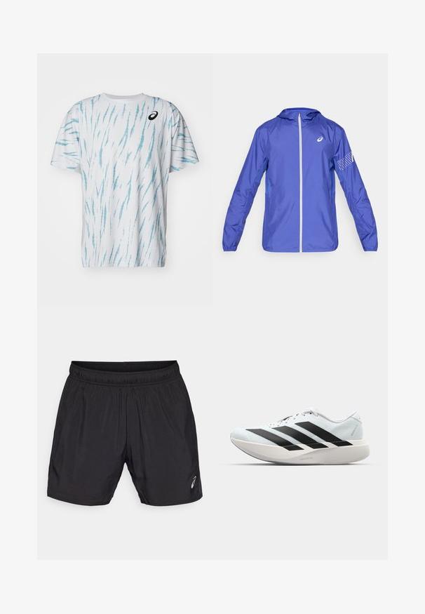 ASICS ICON JACKET - Windbreaker - royal; ASICS GAME - T-Shirt print - brilliant white; Schwarze sportliche Shorts aus leichtem Material, mit einem elastischen Bund und einem kleinen Logo auf der unteren linken Seite.; Leichte Laufschuhe in hellblau mit schwarzen Streifen. Sie verfügen über ein glattes Obermaterial, eine runde Zehenpartie und eine dicke weiße Zwischensohle, die mit "LIGHTSTRIKE PRO" beschriftet ist.