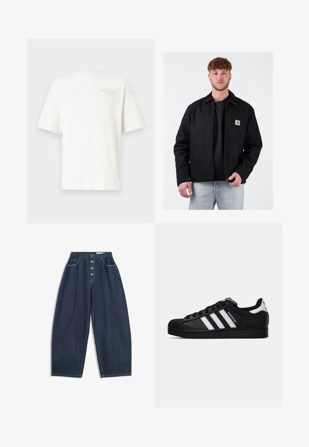 Čierna bunda s hnedým kordovým golierom, predný zips, vrecko na ľavej hrudi a značkový logo. Nosená cez čierne tričko a svetlomodré džínsy.; Biele rebrované tričko s krátkymi rukávmi, zdobené malou vyšitou nášivkou v svetlohnedej farbe na ľavej strane hrudníka. Mäkkučká textúra a voľný strih.; Tmavomodré denimové nohavice s širokými nohavicami a vysokým pásom, zapínanie na päť gombíkov a päť vreciek. Obsahuje prešívanie na švoch.; Čierne tenisky Adidas Superstar s bielymi pruhmi, špičkou v tvare mušle a textom "Superstar" na boku, zobrazené v bočnom profilu na bielom pozadí.