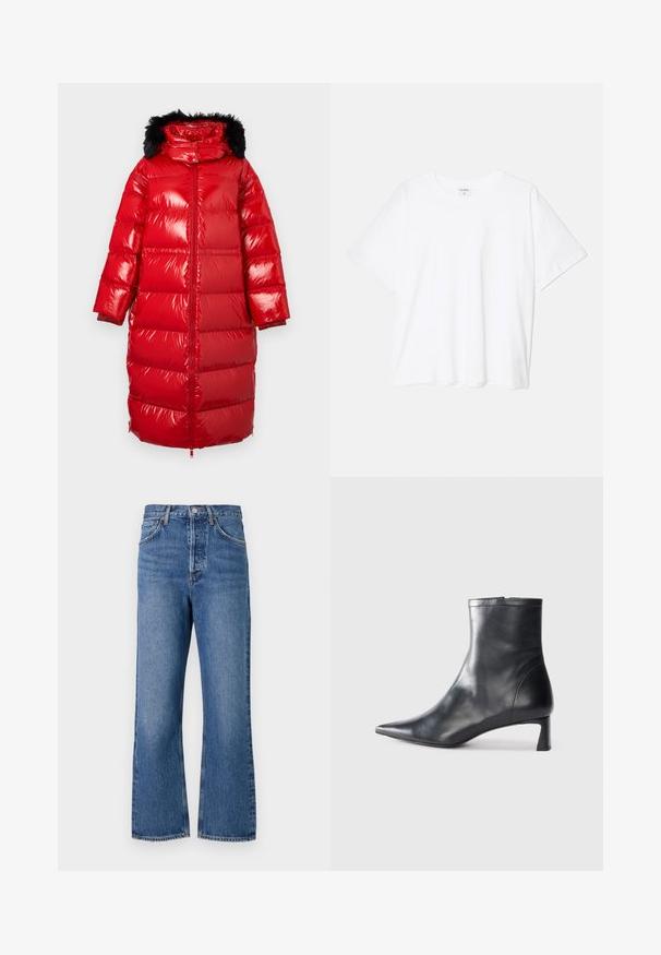 Punane läikiv täispikk talvejope kapuutsiga, millel on kunstkarusnaha ääris, pikad varrukad ja elastsed mansetid. Esiküljel on täissaaader ja triibuline muster.; Valge puuvillane T-särk lühikeste varrukatega, ümmargune kaelus, mugav lõige ja õmmeldud serv. Silt nähtav kaela seest.; Kõrge vöökohaga sinised denim püksid sirge säärega disainiga, viie tasku ja peene tuhmumisega. Klassikaline nööbiklõps ja õmblusaktsendid.; Mustad mustall nahkasaabas terava nina ja stiilse disainiga. Omab madalat konts ja luku sulgemist taga. Sile tekstuur.