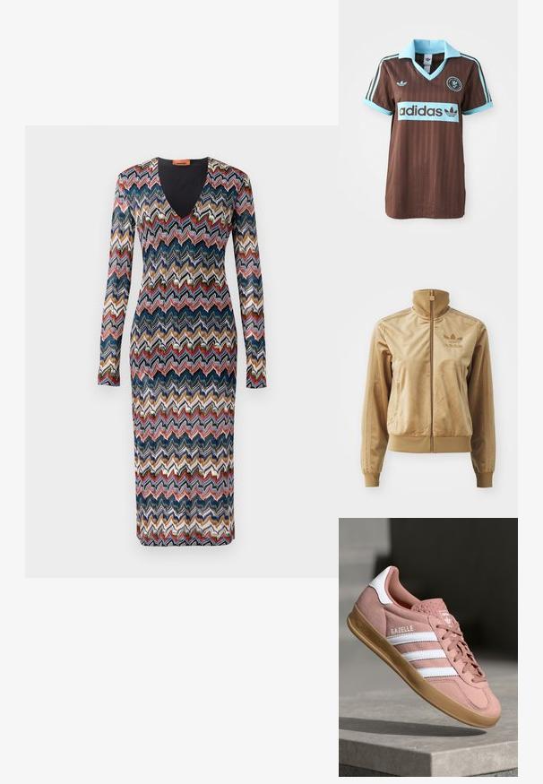 Jaqueta de veludo bege com fecho éclair e gola alta. Apresenta punhos e bainha canelados, bolsos laterais e logótipo bordado no peito.; Vestido de manga longa com padrão em zig zag nas tonalidades azul, vermelho, creme e dourado. Design em V; tecido de malha com silhueta ajustada.; Camisa de desporto castanha com colarinho azul-claro e detalhes em riscas. Logótipo "Adidas" bem visível no peito.; Sapatilhas em camurça rosa com riscas brancas, sola de borracha, parte superior texturizada e logótipo na língua. Design clássico de cano baixo.