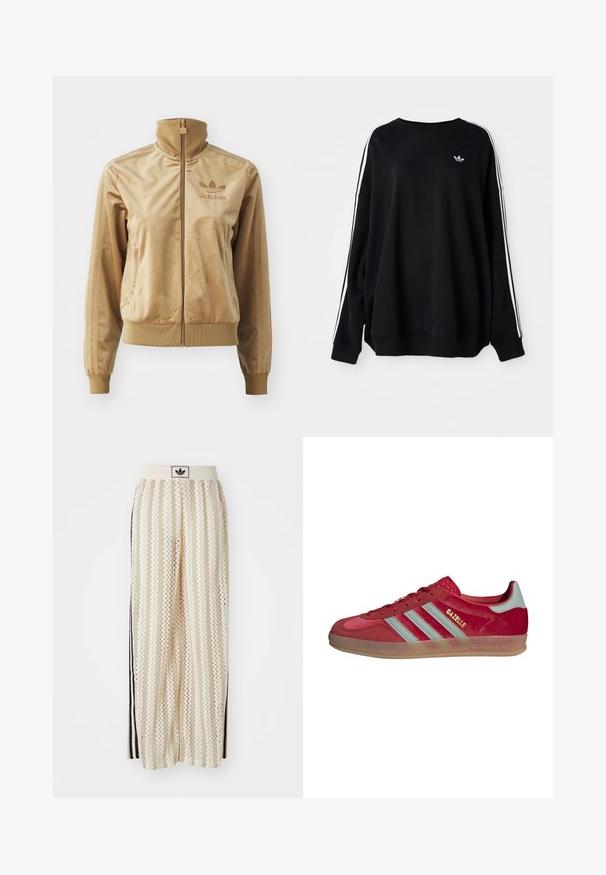 Tan velour zip-up jakke med høy krage. Den har ribbestrikkede mansjetter og kant, sidelommer og brodert logo på brystet.; Svart oversized sweatshirt i mykt materiale, med hvite striper langs ermene og en liten logo på brystet. Rund hals.; Kremfargede bukser med brede ben og zigzag-mønster, med en svart logo-linning og svarte striper på siden. Lett, teksturert stoff.; adidas Originals GAZELLE INDOOR - Joggesko - better scarlet/hazy green