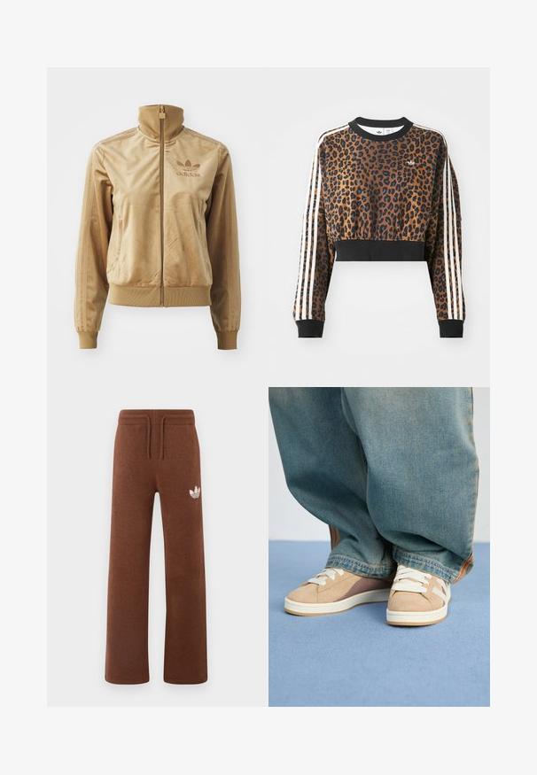 Bež velur jakna na zip z visokim ovratnikom. Ima rebraste manšete in rob, stranske žepe ter izvezeno logo na prsih.; Kratka majica z dolgimi rokavi v leopardjem printu, z črnim rebrastim robom in tremi belimi črtami ob vsakem rokavu. Ima majhen logotip na prsih.; Rjave trenirke iz mehkega materiala s sproščenim krojem, ki imajo elastičen pas, vrvico in bel logotip na levem stegnu.; Bež športni copati iz usnja in blaga, z belimi vezalkami, svetlobrumenimi poudarki in teksturiranim podplatom. Nosi se z ohlapnimi modrimi kavbojskimi hlačami.