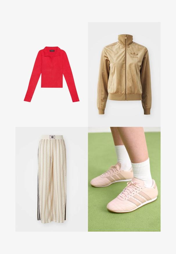 Barna velúr zipzáros dzseki magas gallérral. Bordás mandzsettákkal és aljjal, oldalsó zsebekkel, és hímzett logóval a mellen.; Piros bordázott, hosszú ujjú póló gallérral és gombolással, testhezálló fazonnal és sima textúrával. A címke látható a gallér belső oldalán.; Krém színű, széles szárú nadrág zigzag mintával, fekete logós derékrésszel és fekete oldalsávokkal. Könnyű, texturált anyag.; Világos rózsaszín sportcipők, átlós varrással, fehér talppal és három oldalsó csíkkal. Zöld felületen bordázott fehér zoknikkal viselve.