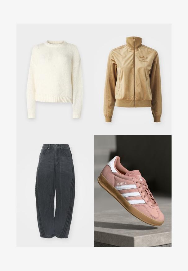 Tan Velours Sweatjacke mit hohem Kragen. Verfügt über gerippte Bündchen und Saum, seitliche Taschen und ein gesticktes Logo auf der Brust.; Leichter, gestrickter Cremepullover mit langen Ärmeln, Rundhalsausschnitt und geripptem Saum. Strukturiertes Gewebe mit lockerer, lässiger Passform.; Lockere schwarze Denim-Jeans mit einem verblassten Finish, fünf Taschen, einem Knopfverschluss an der Taille und gestickten Details an der Vorderseite und den Seiten.; Rosa Wildleder-Sneaker mit weißen Streifen, Gummisohle, strukturiertem Obermaterial und Logo auf der Zunge. Klassisches Low-Top-Design.