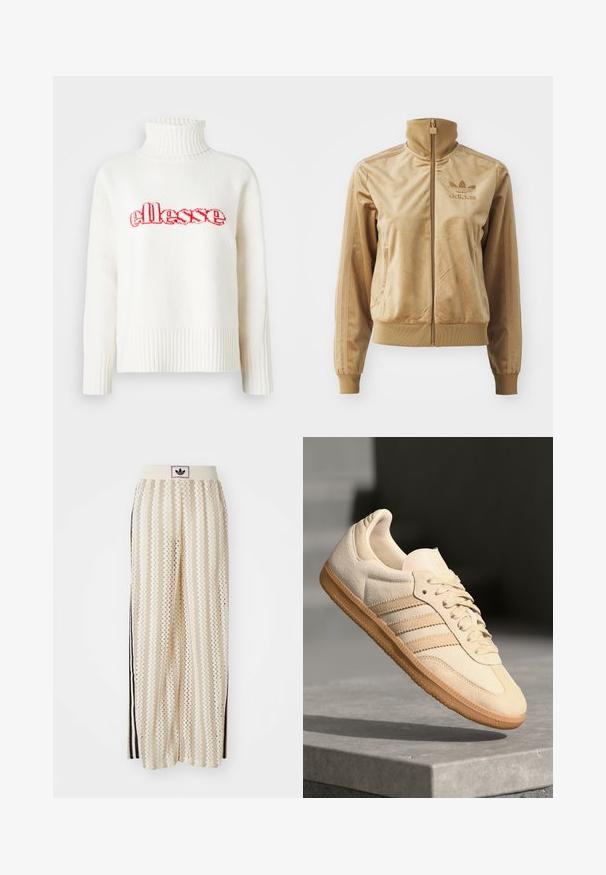 Barna velúr zipzáros dzseki magas gallérral. Bordás mandzsettákkal és aljjal, oldalsó zsebekkel, és hímzett logóval a mellen.; Fehér kötött pulóver magas bordás nyakkal, a mellkason piros hímzett "ellesse" logóval. Hosszú ujjú, bordázott mandzsettával.; Krém színű, széles szárú nadrág zigzag mintával, fekete logós derékrésszel és fekete oldalsávokkal. Könnyű, texturált anyag.; Világos bézs velúr sportcipő, gumitalppal, három átlós csíkkal és texturált orral. A díszítés a nyelven és az oldalon található.