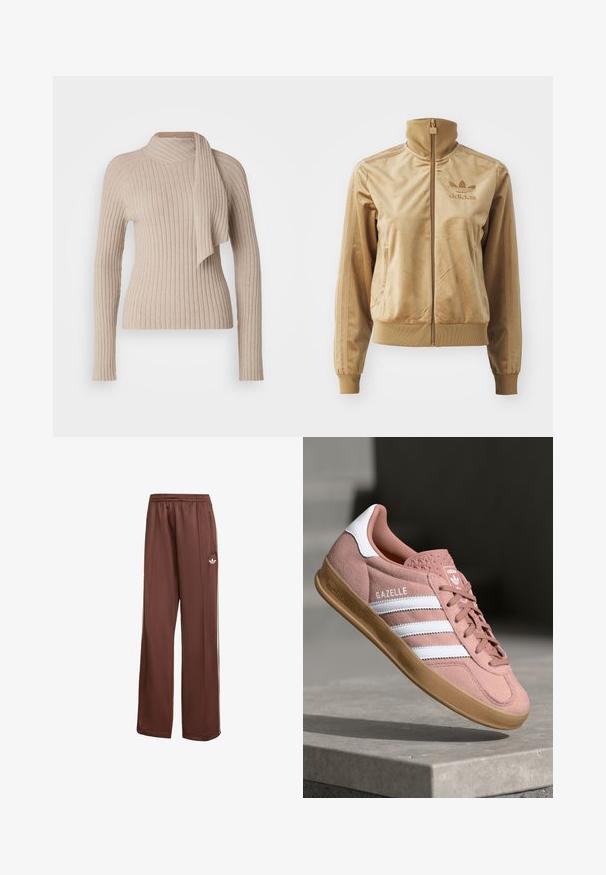 Beżowa, welurowa kurtka z zamkiem, z wysokim kołnierzem. Zawiera ściągacze przy mankietach i u dołu, kieszenie boczne oraz haftowane logo na piersi.; Beżowy sweter z prążkowanego materiału z wysokim kołnierzem i drapowaną chustą przy dekolcie. Długie rękawy o dopasowanym kroju. Przyjemna w dotyku tkanina.; Brązowe spodenki sportowe o luźnym kroju. Wykonane z gładkiego materiału, z kieszeniami po bokach, białymi paskami i małym białym logo na udzie.; Różowe zamszowe trampki z białymi paskami, gumową podeszwą, teksturowaną cholewką i logo na języku. Klasyczny niski krój.