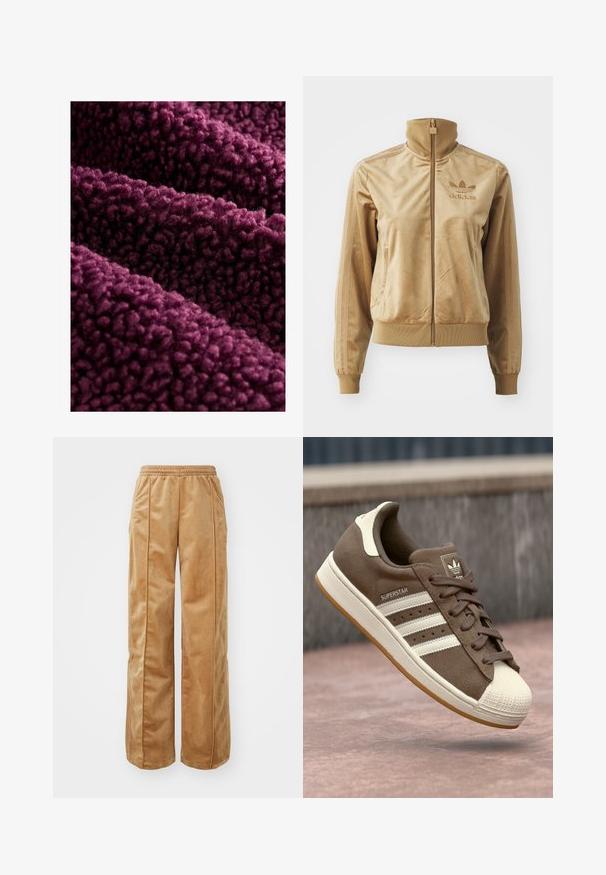 Jachetă crem din velur, cu fermoar, având un guler înalt. Dispune de manșete și tiv cu un model ribatat, buzunare laterale și un logo brodat pe piept.; Tecă din polar de culoare mov închis, cu o textură pufoasă, având o suprafață moale și curling-ată, și o senzație densă și catifelată. Mai multe straturi se așează natural.; Pantaloni largi de culoare bej, realizati dintr-un material moale si catifelat. Dispun de un tiv elastic și cusături verticale pe față pentru un detaliu adăugat.; Adidași din suede maro cu dungi albe, accente crem și vârf din cauciuc. Prezintă un design cu șireturi și o talpă din cauciuc texturată.
