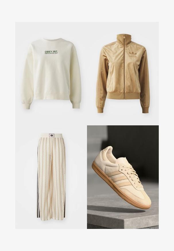 Giacca zip-up in velluto color sabbia con colletto alto. Presenta polsini e orlo a coste, tasche laterali e logo ricamato sul petto.; Felpa color crema chiaro realizzata in tessuto morbido. Presenta un logo verde "OBEY INT." sopra i nomi delle città. Vestibilità comoda con polsini a costine.; Pantaloni a gamba larga color crema con un motivo a zigzag, dotati di una fascia in vita nera con logo e strisce nere laterali. Tessuto leggero e testurizzato.; Sneaker in suede beige chiaro con suola in gomma, tre strisce diagonali e punta con texture. Presenta il logo sulla linguetta e sul lato.