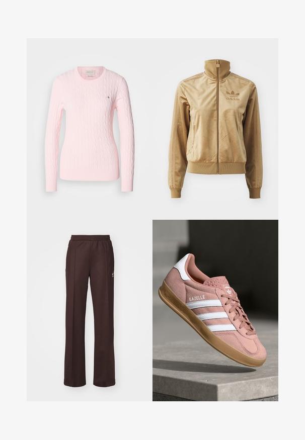 Tan Velours Sweatjacke mit hohem Kragen. Verfügt über gerippte Bündchen und Saum, seitliche Taschen und ein gesticktes Logo auf der Brust.; Rosa Kabelstrickpullover mit langen Ärmeln, Rundhalsausschnitt, geripptem Saum und Bündchen. Kleines Logo-Detail auf der Brust. Weiche Textur.; Braune Sporthose mit einem elastischen Bund, zwei Seitentaschen und einem kleinen Logo auf der linken Seite, gefertigt aus weichem Stoff.; Rosa Wildleder-Sneaker mit weißen Streifen, Gummisohle, strukturiertem Obermaterial und Logo auf der Zunge. Klassisches Low-Top-Design.