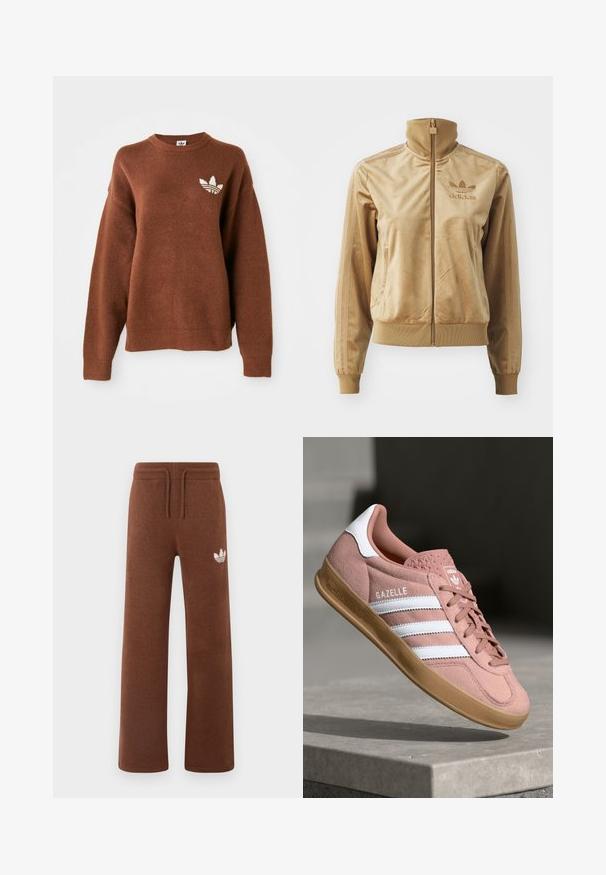 Tan velour zip-up jacka med hög krage. Har ribbade ärmslut och nederkant, sidofickor och broderad logga på bröstet.; Brun stickad sweatshirt med rund hals, sänkta axlar, ribbade muddar och en broderad vit logotyp på vänster bröst.; Bruna sweatpants i mjukt tyg med avslappnad passform, med resårmidja, dragsko och en vit logotyp på vänster lår.; Rosa mockasinsneaker med vita ränder, gummisulor, texturerad ovandel och logotyp på tungan. Klassisk låg modell.