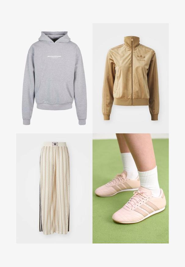 Tan Velours Sweatjacke mit hohem Kragen. Verfügt über gerippte Bündchen und Saum, seitliche Taschen und ein gesticktes Logo auf der Brust.; Grauer Kapuzenpullover mit einer Fronttasche, ausgestattet mit dem weißen Drucktext "METAMORPHOSE" auf der Brust. Aus Baumwollmischung, mit gerippten Bündchen.; Cremfarbene, weit geschnittene Hosen mit einem Zickzackmuster, ausgestattet mit einem schwarzen Logo-Bund und seitlichen schwarzen Streifen. Leichter, strukturierter Stoff.; Helle rosa Sportschuhe mit schrägen Nähten, weißen Sohlen und drei seitlichen Streifen. Getragen mit gestreiften weißen Socken auf grünem Untergrund.