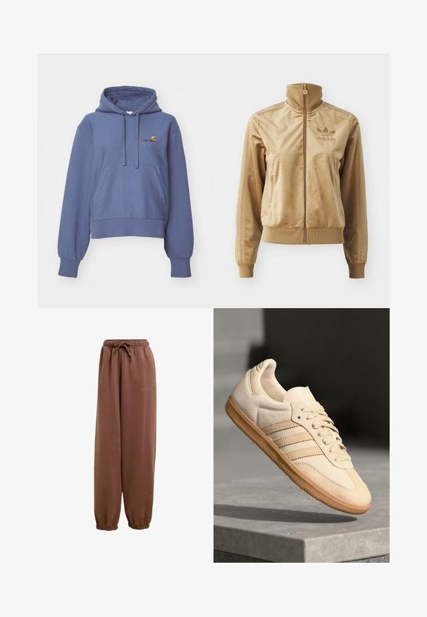 Veste zippée en velours beige avec un col haut. Comprend des poignets et un ourlet côtelés, des poches latérales et un logo brodé sur la poitrine.; Haut court bleu en tissu doux, doté d'une poche kangourou sur le devant, d'une capuche avec cordon de serrage et d'un logo brodé sur la poitrine.; Pantalon de survêtement marron en tissu doux, avec une taille élastique et un cordon de serrage, ainsi que des poignets aux chevilles. Marquage subtil sur le côté.; Sneaker en suède beige clair avec semelle en gomme, trois rayures diagonales et un capuchon de pied texturé. Logo sur la languette et sur le côté.