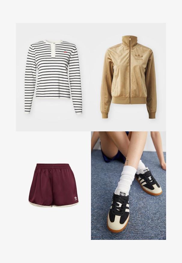 Bež velur jakna s patentnim zatvaračem i visokim ovratnikom. Sadrži rebraste rukave i rub, bočne džepove i izvezeni logotip na prsima.; Dugi rukav, prugasta majica u bijeloj i mornarskoj plavoj boji, s henley izrezom i gumbima te malim izvezenim motivom trešnje na prsima.; adidas Originals SPRINTER - Kratke hlače - maroon cream white; Crno-bijele atletske cipele s gornjim dijelom od antilopa i kože, sa tri bijele pruge i gumiranim potplatima. Par se nosi s bijelim čarapama.